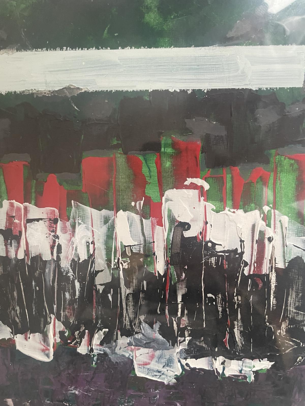 Abstract painting, consisting of knife-applied black and white vertical structures on a green background with a white band at the top.