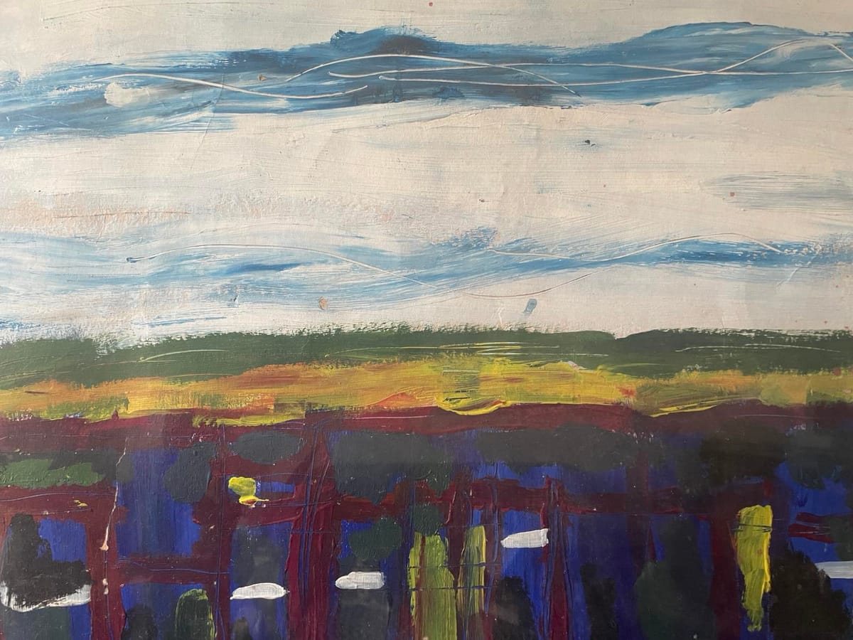 A an abstract painting, consisting of blue and white horizontal bands and vermilion structures. Detail from untitled abstract by Jason Walsh (c. 1997), acrylic on paper