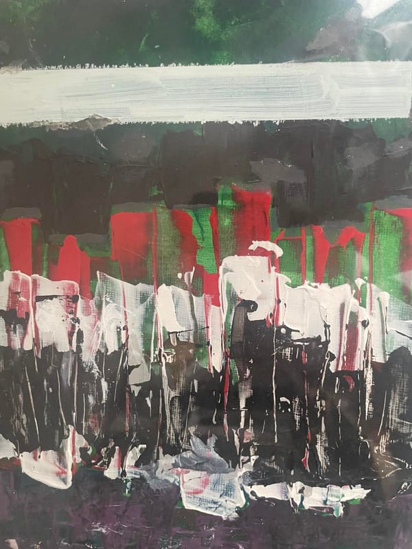 Abstract painting, consisting of knife-applied black and white vertical structures on a green background with a white band at the top.