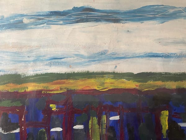 A an abstract painting, consisting of blue and white horizontal bands and vermilion structures. Detail from untitled abstract by Jason Walsh (c. 1997), acrylic on paper